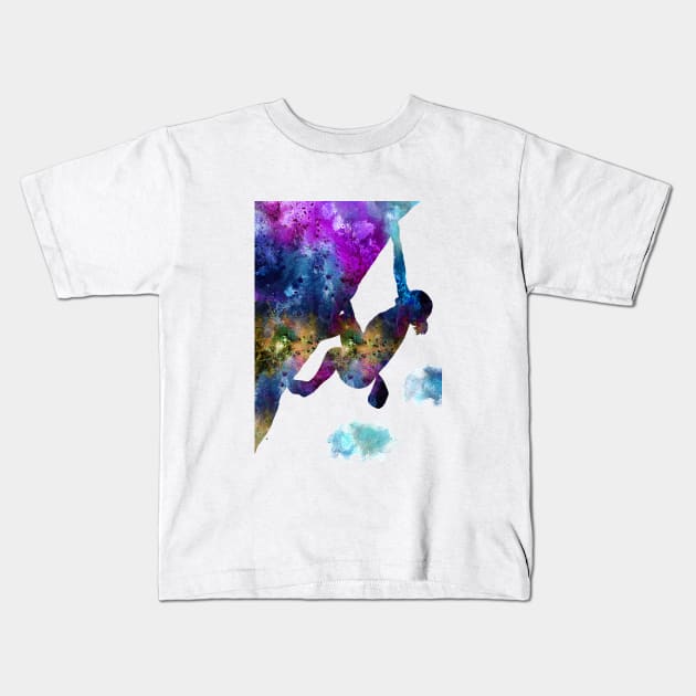 Rock climbing extreme sport woman Kids T-Shirt by RosaliArt